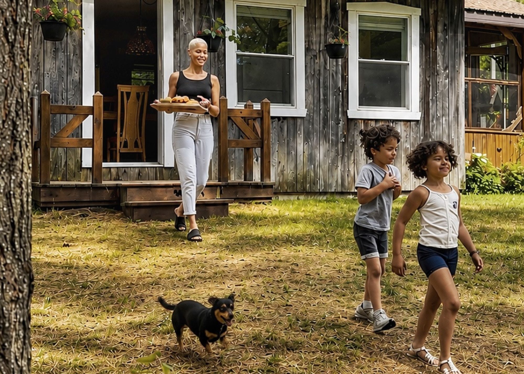 famille avec chien au chalet